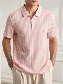Officeau 男士条纹短袖休闲通勤 Polo 衫，2000 年代风格 - 粉色 - 查看 6