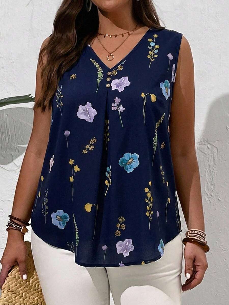 EMERY ROSE 大码夏季乡村风V领印花无袖衬衫，休闲款 - 藏蓝色 - 查看 1