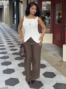 Alexandranx Women's Sleeveless Geometric Textured Single-Breasted Casual Shirt, Geometric Texture And Micro-Stretch Fabric, Women Slim Fit Top Shirt, Elegant And Fashionable For Commuting, Simple Fashion Casual Everyday Cami Tank Top, Spring/Summer, Sleeveless Top, Old Money Blouses, Western Wear Women - Apricot - View 4