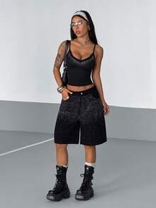 StreetHx Women's Pocketed Rhinestone Embellished Wide Leg Loose Bermuda Denim Shorts - Black - View 3