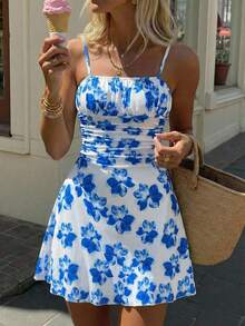 Mädchen Teenager Kleid mit Blumen-Mesh-Ausschnitt, Vintage/Strand/Maritim/Elegant/Süß, Frühling/Sommer Neu - Blau - Übersicht 1