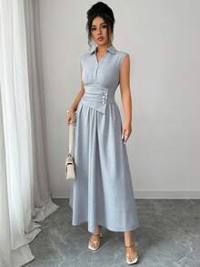SHEIN Elenzya Women's Spring/Summer Collared Waist-Cinched Solid Color Textured Fabric A-Line Long Dress, Suitable For Commuting, Outings - Gray Blue - View 5