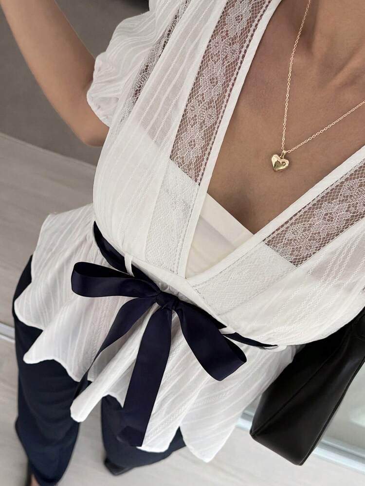 Women's V-Neck Lace Patchwork Cinched Waist Bow Short Sleeve Blouse