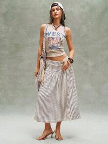 Bohemela Women's Summer Casual Vacation Striped Loose-Fitting Slit Cream Yellow A-Line Midi Skirt, Summer Outfits For Women,Free And Relaxed Style Of Dressing,Fasching Women Costume,Beach Outfit,Summer Vacation Outfits - Multicolor - View 8