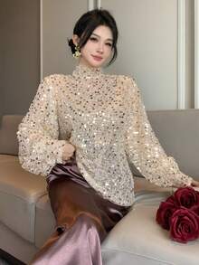 DAZY 女士优雅亮片领衬衫，春夏款 - 米色 - 查看 7