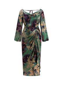 SHEIN Clasi 大码女式扎染印花荷叶边领灯笼袖侧开衩下摆优雅连衣裙 - 綠色 - 查看 8