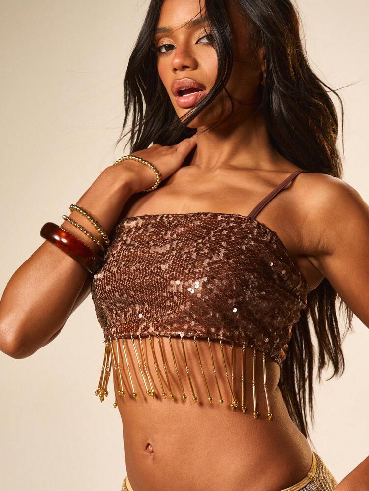 MISSGUIDED Brown Sequin Camisole With Beaded Fringe Hem Strapless Crop Top Party Club Evening Wear Festival Glamour