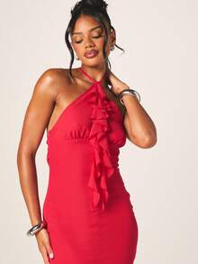 MISSGUIDED Women's Red Halter Neck Maxi Dress With Ruffle Detail Long Formal Evening Bodycon Gown Party Wedding Guest Cocktail - Red - View 2