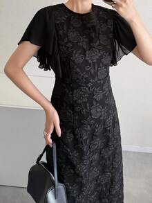 FRIFUL Đầm dài thanh lịch cổ tròn tay bồng họa tiết hoa jacquard dành cho nữ - màu đen - Xem 7