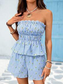 Vivid Eden 女士度假条纹荷叶边抹胸上衣和短裤时尚套装 - 藍色 - 查看 2