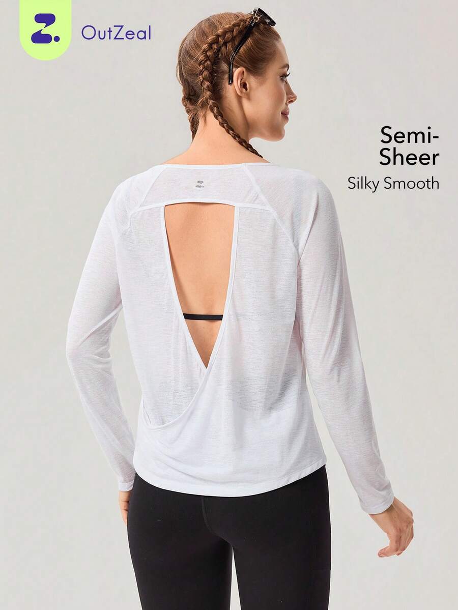 OutZeal Gym Top Summer Outfit Women Sports Tee Solid Color Summer Spring Yoga Casual Pilates Cut-Out Backless Lightly Sheer Cover‑Up Active Tops - White - View 1