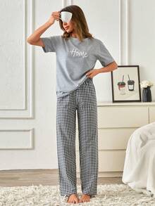 SHEIN "CozyHome" Graphic, Embroidery Jersey Tee And Classic Check Flannel Drawstring Pajama Set - Grey - View 3