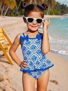 Emery Rose Kids Emery Rose Kids 少女夏季假日沙滩蝴蝶结装饰西瓜印花荷叶边下摆连体泳衣 - 藍白色 - 查看 6