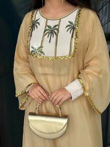 Al Najma 保守休闲棕榈树亮片刺绣阿拉伯女式连衣裙 - 彩色 - 查看 2