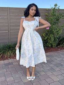 Alexandranx 浪漫印花肩带系带女士夏季连衣裙 - 彩色 - 查看 6