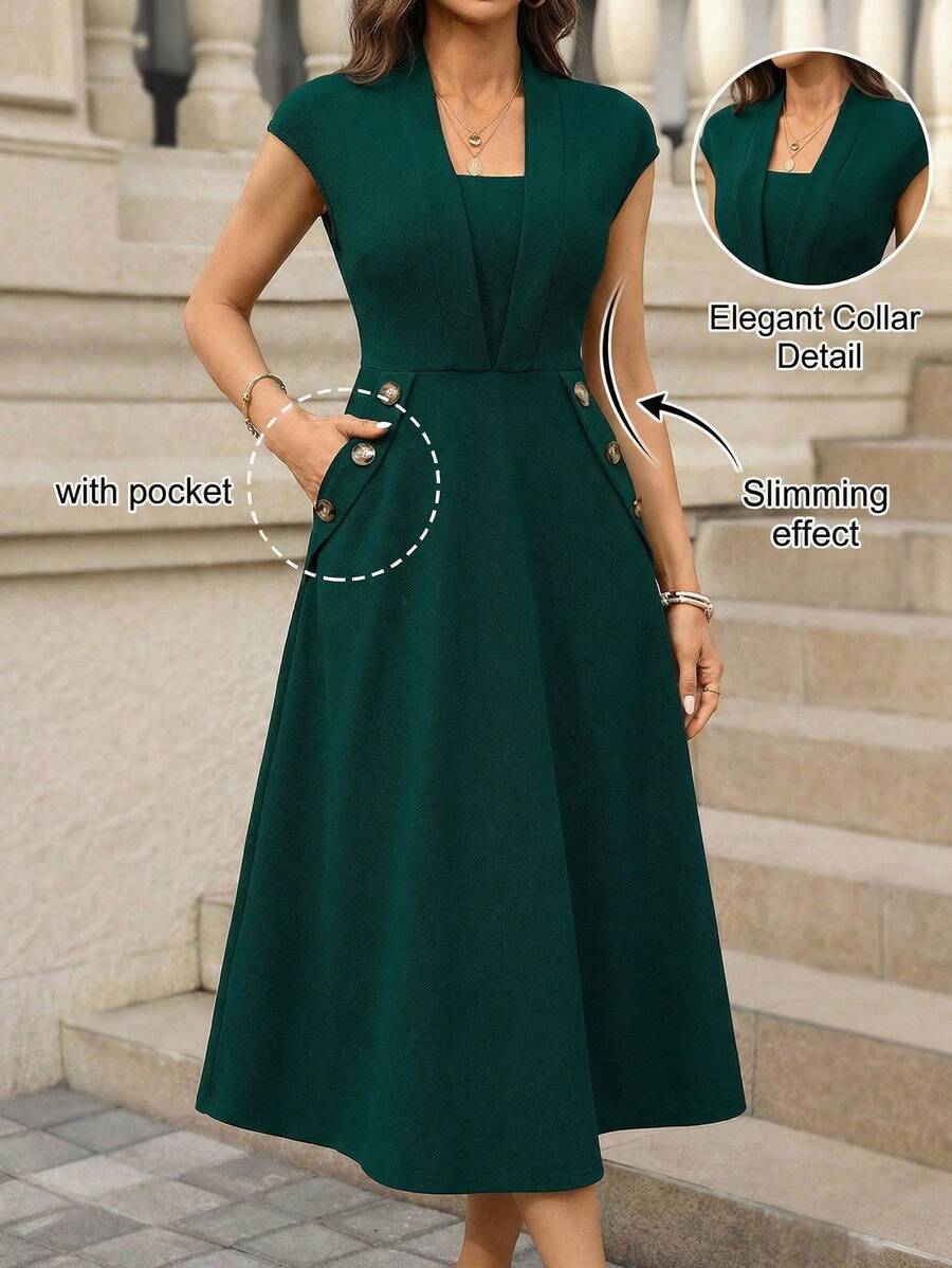 Editum 女士纯色包袖纽扣设计优雅办公中长连衣裙