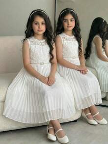 SHEIN Tween Girl Spring/Summer Elegant Lace Patchwork Pleated Dress Tween Girl - White - View 1