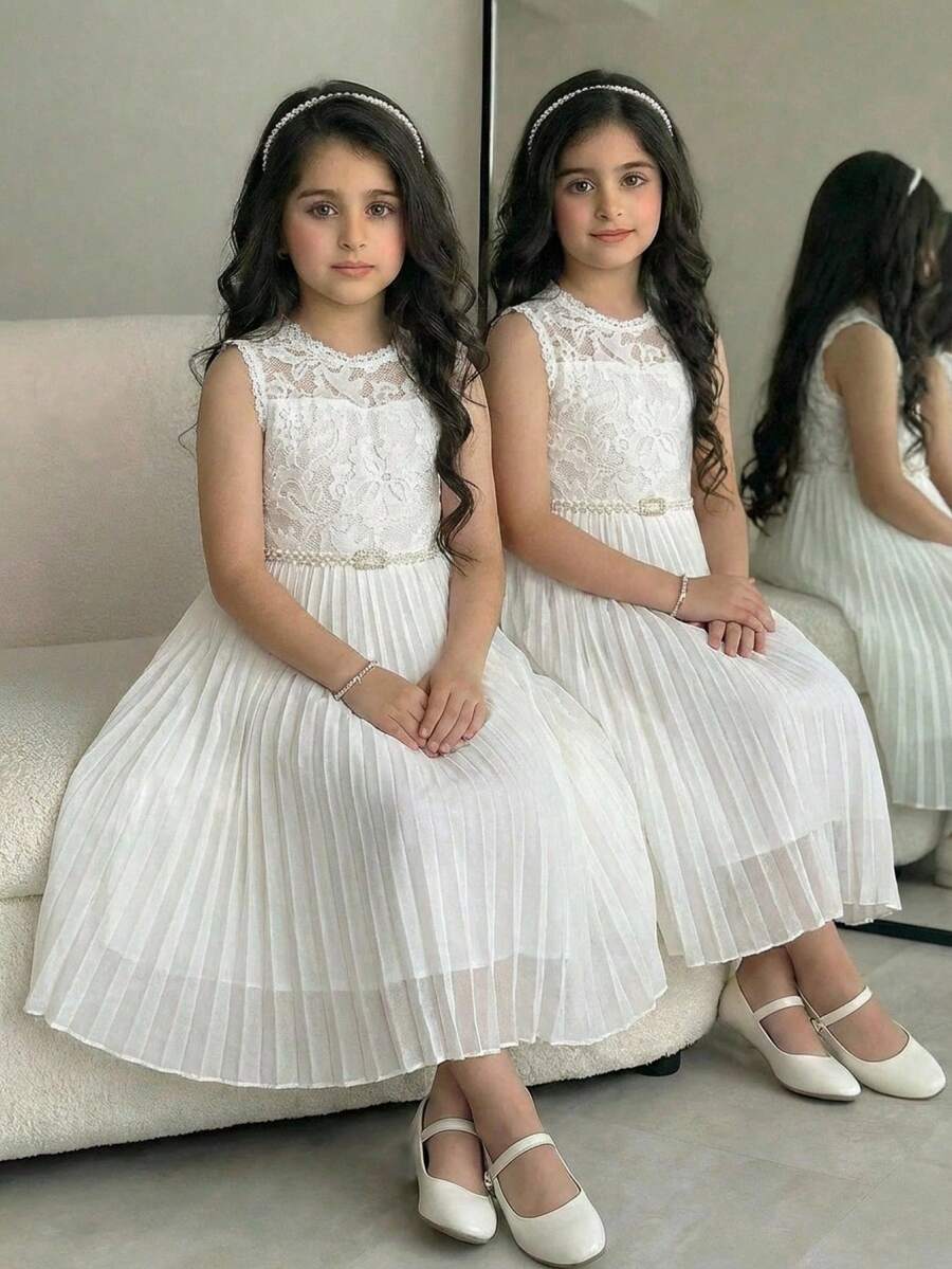 SHEIN Tween Girl Spring/Summer Elegant Lace Patchwork Pleated Dress Tween Girl - White - View 1