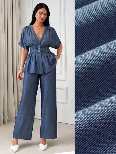 EURMUSE Women's Denim-Look Suit Set – Short Sleeve Tie Waist Top & Wide Leg Pants, Casual Chic Blue Co-Ord Outfit,Women's Denim-Look Suit Set – Blue Co-Ord, Tie Waist Top, Wide Leg Pants, Casual Elegant Two Pieces Outfit, Summer Fashion, Comfortable Clothing, Ladies' Loungewear, Stylish Set For Work Or Travel Fake Denim Fabric