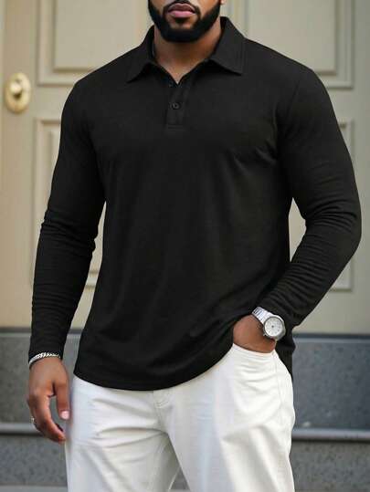 ResortEase Plus Size Men's Solid Color Front Button Long Sleeve Casual Plain Polo Shirt, Going Out, For Fall