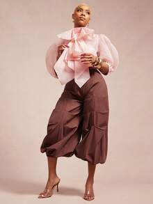 Vixey Elastic Waistband Gathered Balloon Hem Pants - Brown - View 2