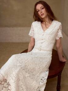 MOTF PREMIUM ELEGANT FLORAL LACE OVERLAY BELTED DRESS FOR WOMEN - White - View 2