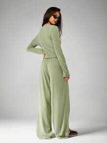 MISSGUIDED Sage Green Button Up Cardigan And Wide Leg Pants Soft Touch Co-Ord Set Casual Two Piece Outfit Loungewear - Green - View 2