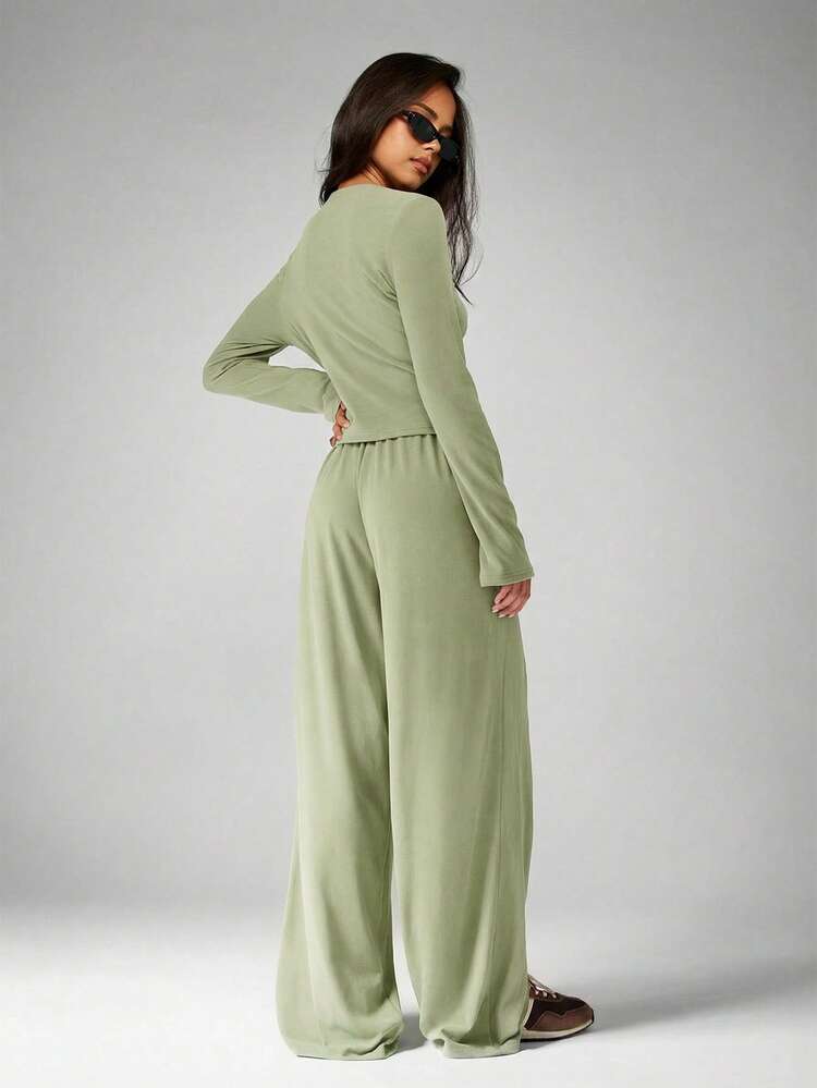 MISSGUIDED Sage Green Button Up Cardigan And Wide Leg Pants Soft Touch Co-Ord Set Casual Two Piece Outfit Loungewear