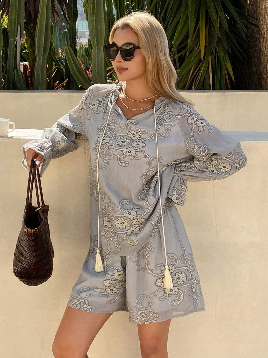 DAZY Textured Jacquard Embroidered Fabric Loose Long Sleeve Pullover Shirt And Straight Shorts Elegant Summer Vacation 2-Piece Set For Women Boho Short Sets For Women - Grey - View 1