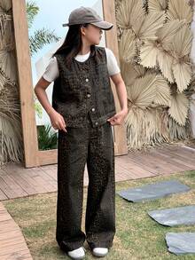 Tween Girls Bow Print Full-Print Casual Open-Front Round Neck Vest And Loose Denim Pants Denim Set, Fall - Brown - View 8