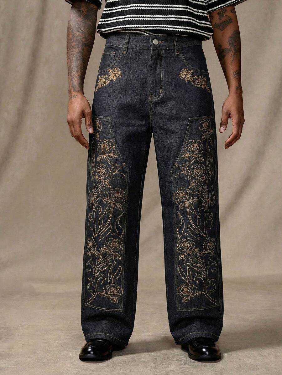 Manfinity LEGND Men's Casual Street Style Embroidered Patch Black Denim Jeans - Black - View 1