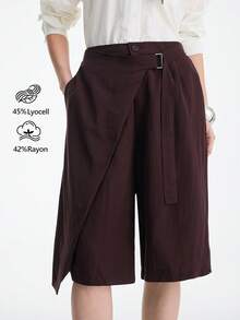 Aalyst Pantalones cortos de unicolor de cintura baja/media con cinturón desmontable con hebilla de metal plateado, bolsillos, rectos y sueltos de color marrón castaño, estilo elegante y retro francés romántico y minimalista, adecuados para la oficina, el transporte, los negocios, el casual, la playa, el uso diario, primavera/verano - Granate - Ver 3