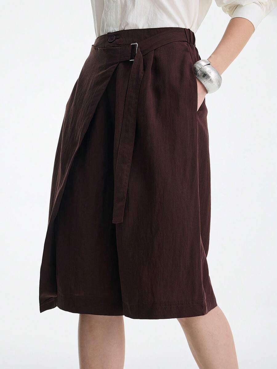 Aalyst Pantalones cortos de unicolor de cintura baja/media con cinturón desmontable con hebilla de metal plateado, bolsillos, rectos y sueltos de color marrón castaño, estilo elegante y retro francés romántico y minimalista, adecuados para la oficina, el transporte, los negocios, el casual, la playa, el uso diario, primavera/verano - Granate - Ver 1