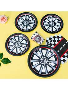 赛车轮毂图案一次性餐盘、餐巾纸和纸杯，汽车主题，适合派对使用，可供25位客人使用。一次性纸盘和餐具套装是生日、婚礼、派对和家庭野餐的理想之选。 - 彩色 - 查看 5