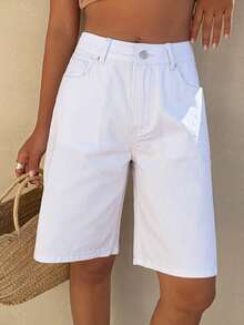 Livesso 女士休闲日常口袋纽扣牛仔短裤 - 白色 - 查看 6