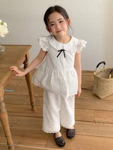 DAZY Young Girl Embroidered Peter Pan Collar Cap Sleeve Blouse And Pants Cute 2-Piece Set - White - View 4