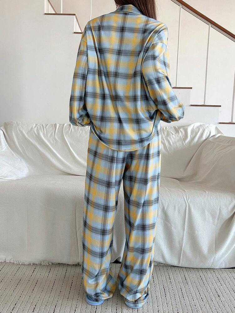 Letter Woven Label Decor Loose Plaid Women Pajama Set