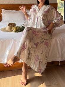 DAZY Floral V-Neck Short Sleeve Loose Long Dress, Women Summer Sleepwear Pajamas - Mauve Purple - View 3