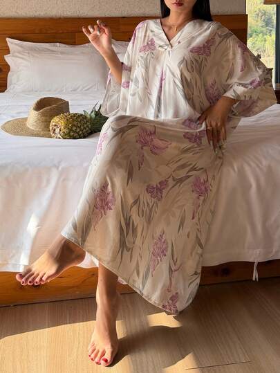 DAZY Floral V-Neck Short Sleeve Loose Long Dress, Women Summer Sleepwear