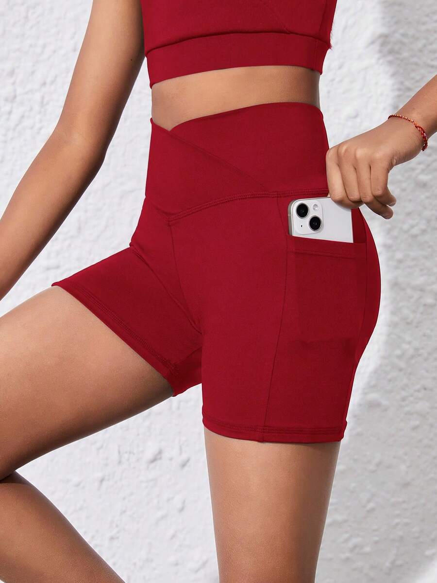 SHEIN 少女红色运动紧身裤,带口袋瑜伽裤,弹力舒适,时尚百搭,适合训练、跑步、骑行 - 紅色 - 查看 1