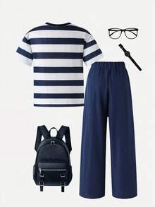 SHEIN Casuvi Kids 2pcs Boys' Striped Shield Logo Knit Casual Loose Comfortable T-Shirt And Elastic Waist Pants Set Boys Casual Pants Suit Outfit - Navy Blue - View 6