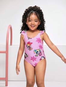 THE POWERPUFF GIRLS X SHEIN Bộ đồ bơi liền thân xếp nếp in hình hoạt hình dành cho bé gái, kèm áo khoác ngoài và váy. - Hồng - Xem 4