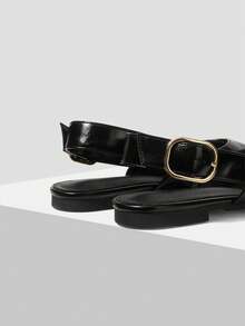 Mnmlis Giày sandal đế thấp màu đen bóng, mũi nhọn, hở gót, trang trí khóa vàng, thích hợp cho việc đi làm. - màu đen - Xem 3