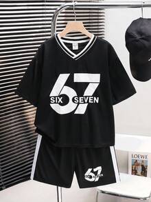 SHEIN 2件装儿童/青少年男童休闲学院风印花圆领宽松短袖T恤 - 黑色 - 查看 5