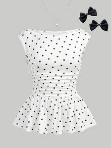 Girlism Teen Girls Off Shoulder Polka Dot Ruffle Hem T-Shirt - White - View 1
