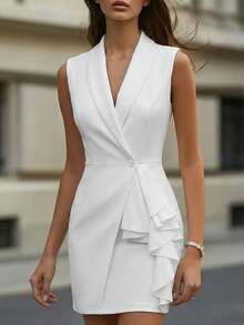 Editum 女士常规款白色西装领荷叶边下摆不对称装饰无袖迷你连衣裙 - 白色 - 查看 9