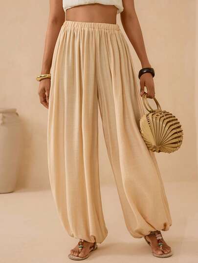 Vesra Women's Solid Color Pleated Casual Versatile Daily Wear Lantern Pants