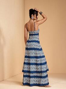 JIAN LASALA All-Over Print Spaghetti Strap Sleeveless Bustier Top Cutout A-Line Loose Women Maxi Dress Boho - Blue - View 2