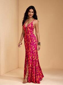 JIAN LASALA All-Over Print Knit Jersey Spaghetti Straps Low-V Neck Women Sleeveless Maxi Dress Summer - Red - View 5