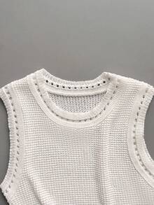 GlowEve White Knit Sleeveless Dress, Waist Cinched, French Hollow-Out Design, Versatile For Beach Vacation, Women Sweater Dress - White - View 4